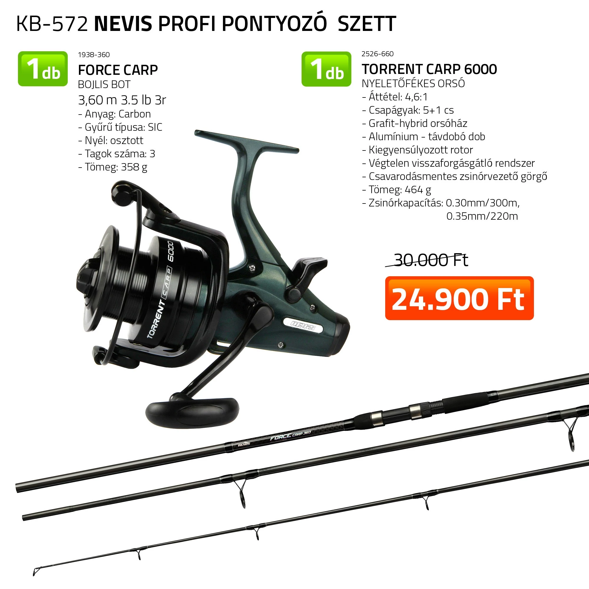 Nevis Profi Pontyozó Szett Force Carp 360cm 3,5lb, Torrent Carp 6000